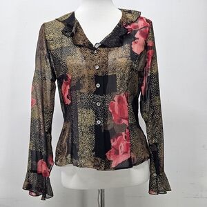 Vtg. TESS Silk Patchwork Button Front Blouse Tunic Medium Ruffle Artsy Floral
